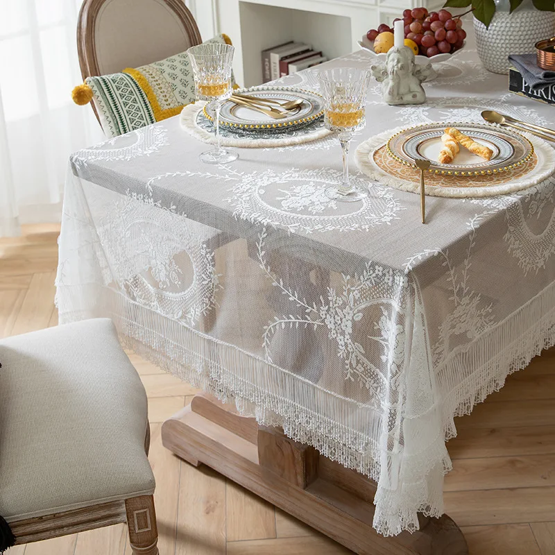 

French Style Romantic Lace Tablecloth White Jacquard Wedding Decoration Tablecloth Household Hotel Dustproof Tablecloth ZC103