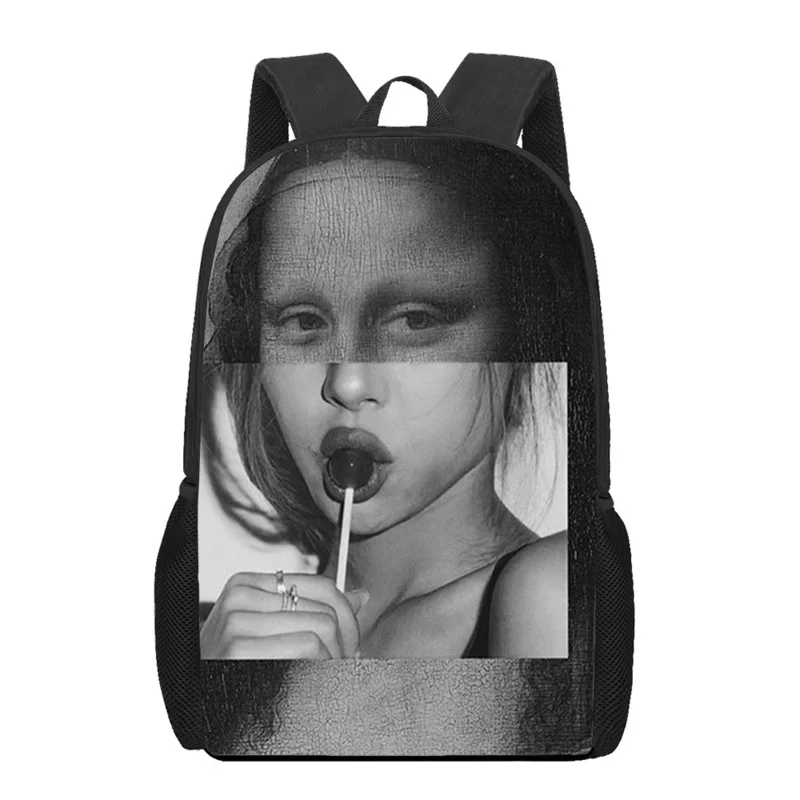 Sacs d'école d'art drôle de Mona Lisa pour garçons et filles, sacs de livre d'impression 3D, sacs à dos pour adolescents, sacs d'étudiant pour enfants, sac à dos de voyage décontracté