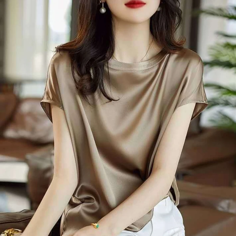 

Women's Summer New Round Neck Short Sleeve Versatile Shoulder Bottom T-Shirt Crew Neck Lacetable Top