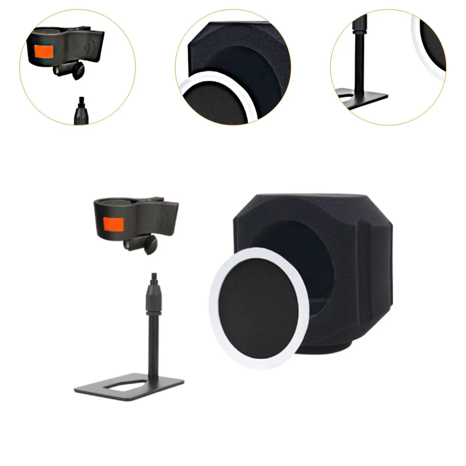 غطاء ميكروفون سهل التركيب، إسفنجة عازلة للصوت لسطح المكتب، حامل ميكروفون، حامل أرضي، دعامات تسجيل كابينة تسجيل