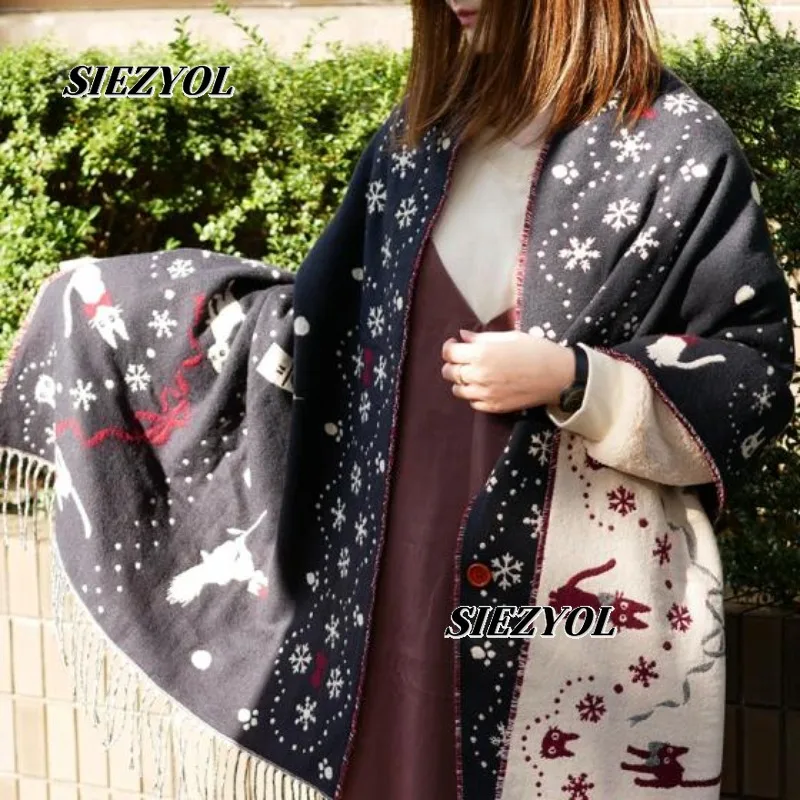 Scarf Shawl Dual-purpose Office with Button Scarf Cartoon Printed Sweet Beautiful Woman Thickened Double-sided Winter Scarves