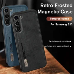 Retro Frosted Magnetic Holder Leather Case For Samsung Galaxy S23 S22 S21 Ultra Plus S23FE Soft Frame Camera Protector Shell