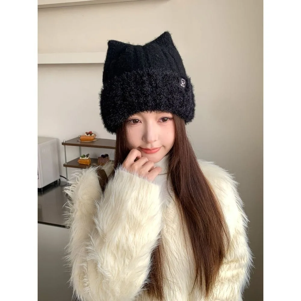 Cozy Faux Rabbit Fur Knitted Beanie Hat Fleece Lined Thermal Ear Protection Hat Warm Stretchy Fluffy Cat Ear Beanie Winter