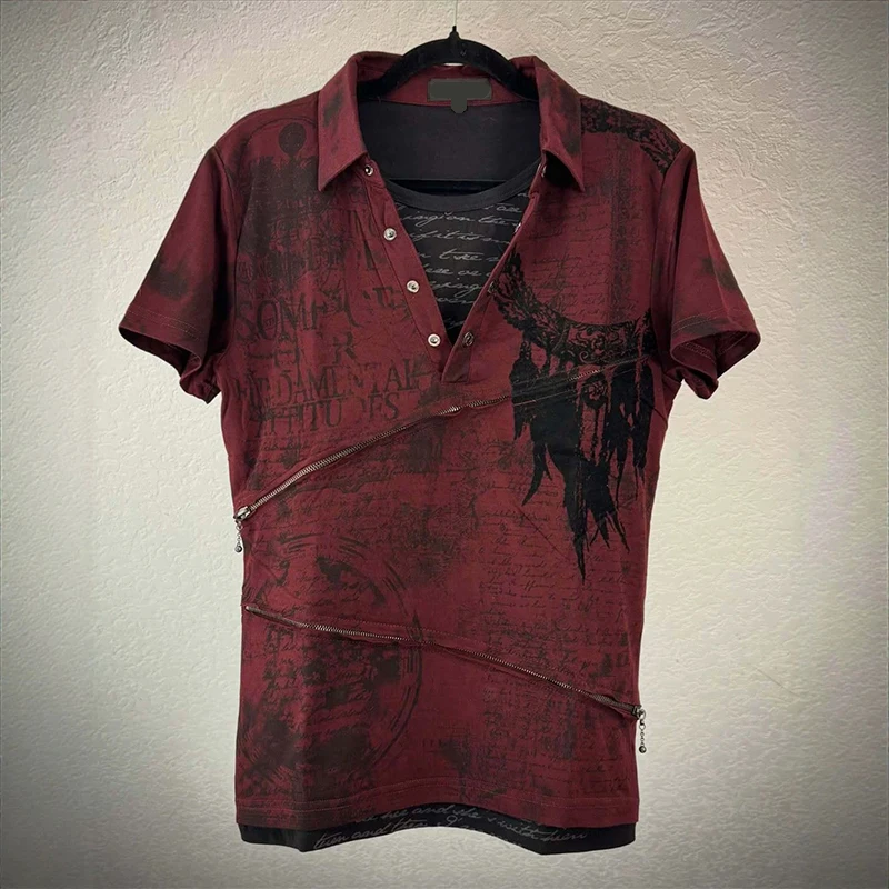 American Tie-Dyed Distressed Lapel Short Sleeve Heavy Work Feather Text Printing Oblique Metal Zipper Yabi Top