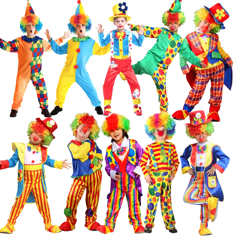 Halloween Children's Day Purim Circus Clown Costumes Boys Girl Kids Funny Clown Costume Christmas Party Cosplay Dress No Wig