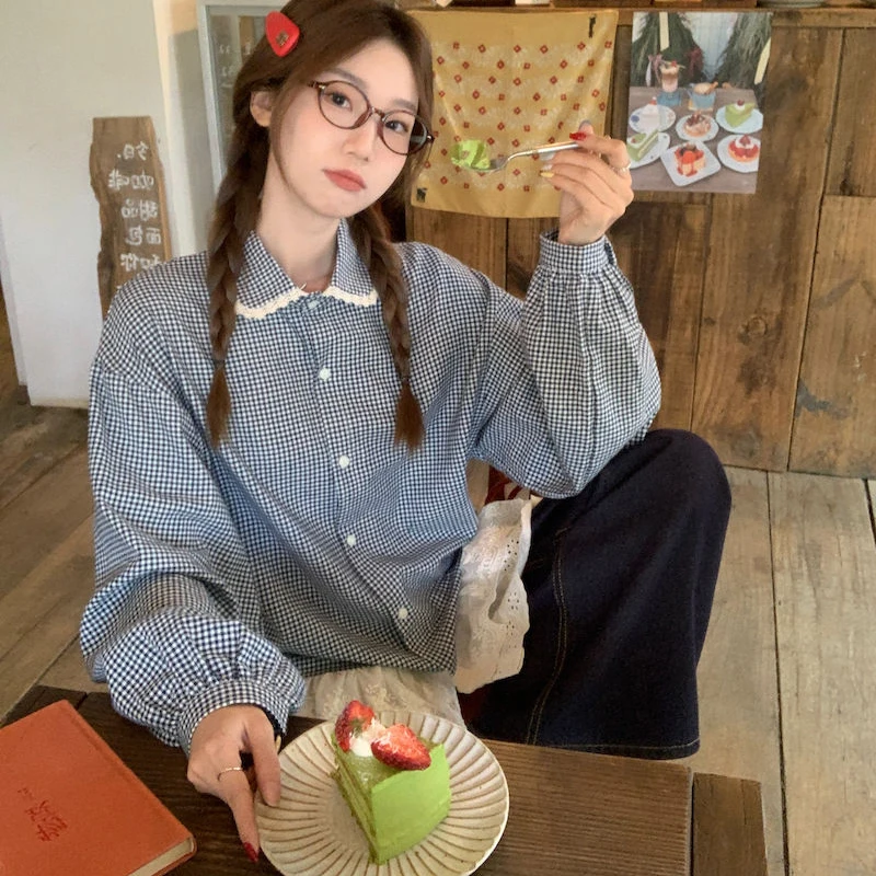 Sweet Plaid Women Shirt Cute Long Sleeve Blue Patchwork Bouse Lace Peter Pan Collar Single Breasted Preppy Style Top