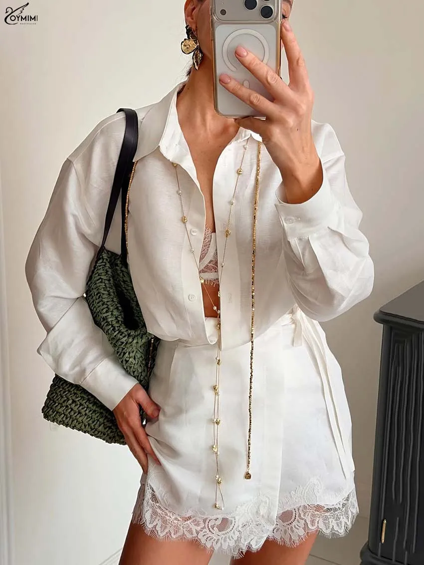 

Oymimi Elegant White Cotton Two Piece Set Woman Summer Long Sleeve Single Breasted Shirts And Slim Lace-Up Lace Mini Skirts Sets