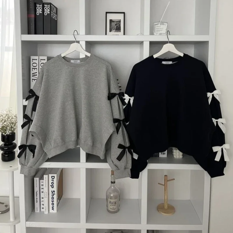 Spring Autumn New Fashion O Neck Loose Bow Long Sleeve Solid Color Hoodie Korea Style Chic Gray Navy Blue Sweatshirt for Women