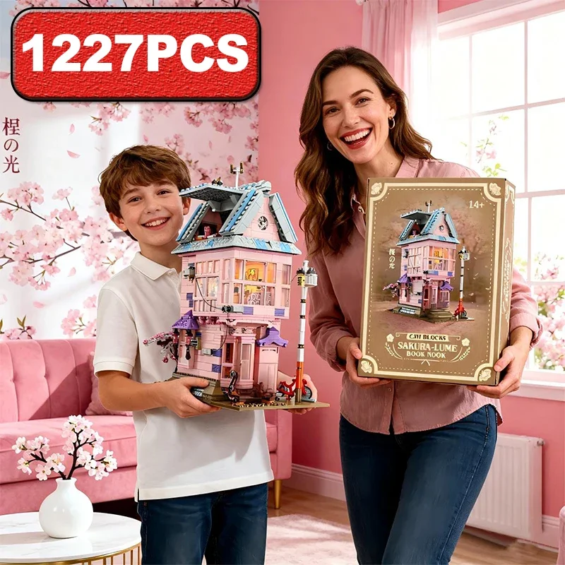 MOC Sakura-Juego de bloques de construcción de casa de Villa de dos pisos, escenarios de la vida diaria, cabaña rosa, juguetes para niños, regalos de cumpleaños