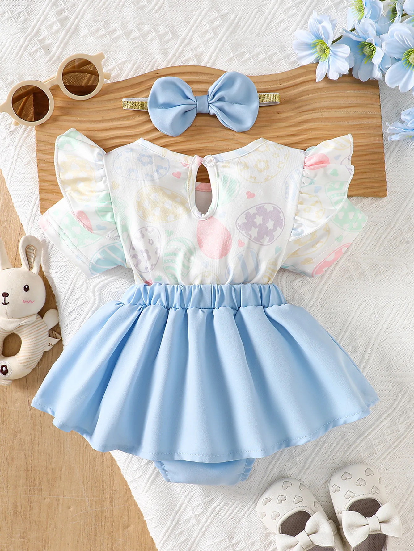 Baby Girl Cute Bunny Two-Piece Dress with a Fresh Blue Color, Egg-Colored All-Over Print, Fluffy Princess Skirt, Easter Daily Cute Outfit