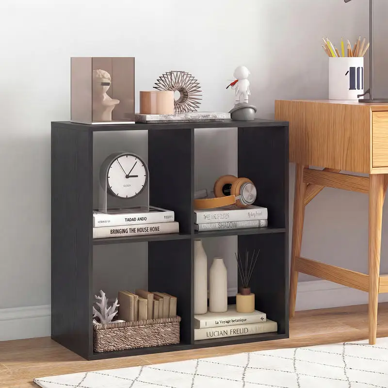 4 Cube Bookshelf, Open Storage Shelf With Back Guardrail, Freestanding Bookcase For Living Room, Bedroom, Black