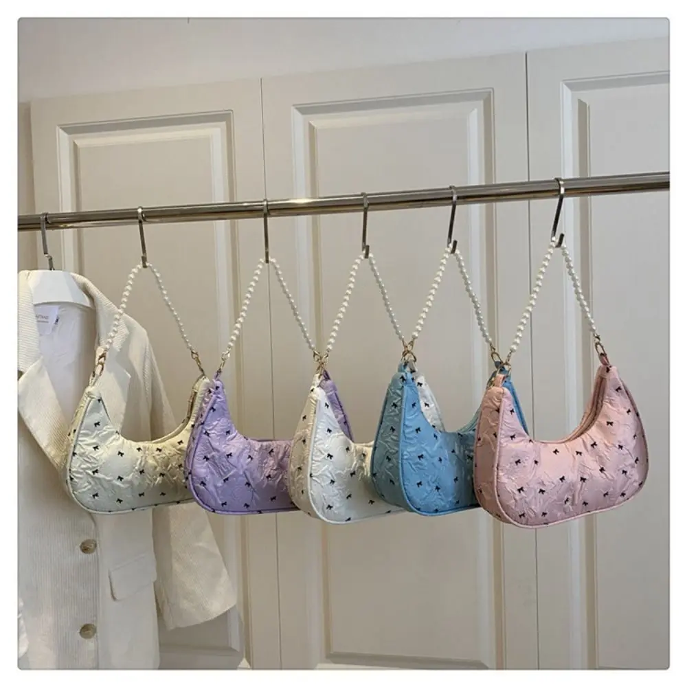 Versatile Multicolor One-shoulder Bag Bowknot Printed Beads Chain Tote Bag Large Capacity Zipper Clouse Underarm Bag Shopping