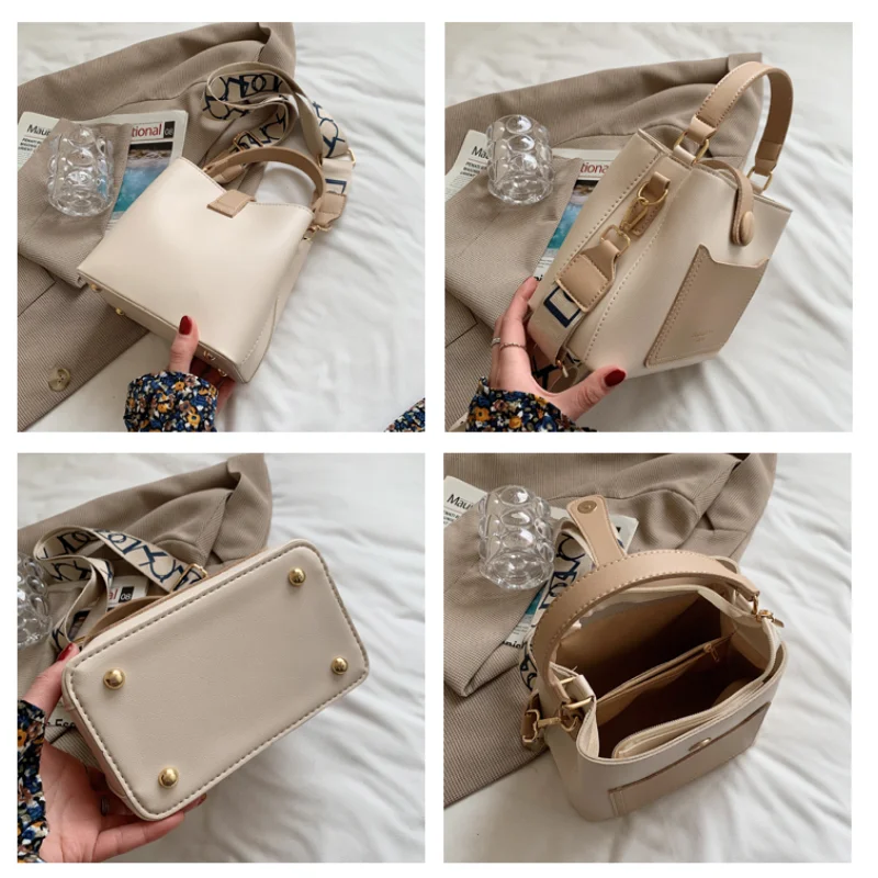 Fashion Women PU Leather Small Bucket Tote Bags Luxury High-capacity Handbags Wide Strap Female Shoulder Crossbody Messenger Bag