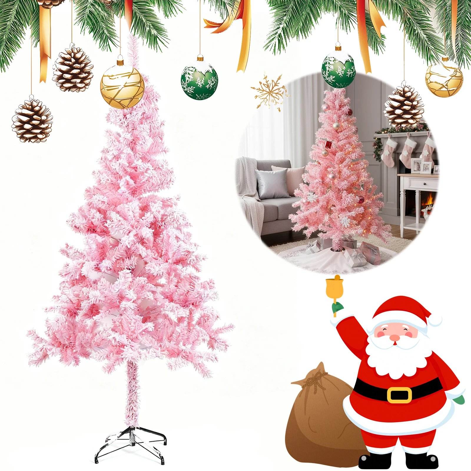 

180cm Flocked Christmas Tree with Metal Stand Artificial Xmas Tree Unlit Artificial Pine Tree for Home Office Gathering Party