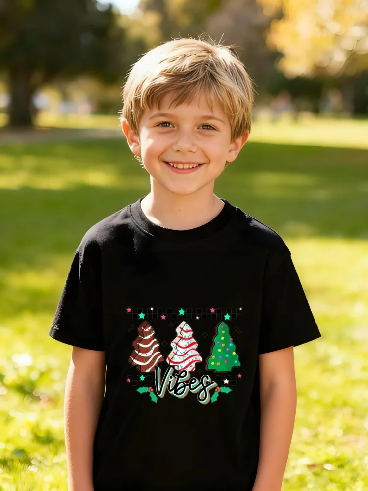 تي شيرت قطني للأطفال نص المشاعر مع أشجار عيد الميلاد المنقوشة وإطار الشطرنج للاحتفال بعطلات الأولاد والبنات #4
