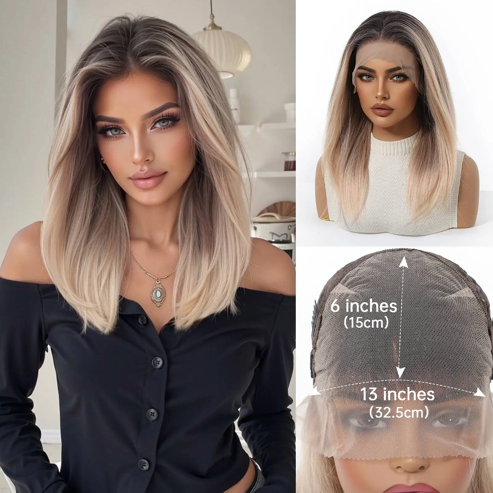 Topshe 13*6 Lace Front Synthetic Wig , Medium Length Straight Wig in Ash Blonde Brown Black Abricot Layered Cut