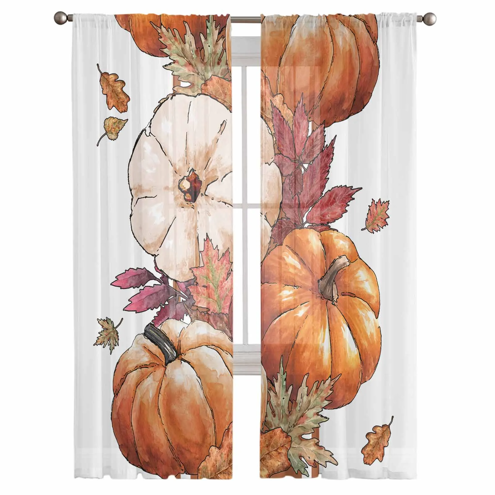 Autumn Thanksgiving Pumpkin Maple Leaves Tulle Curtains for Living Room Bedroom Sheer Voile Curtain Home Decor Kitchen Curtain