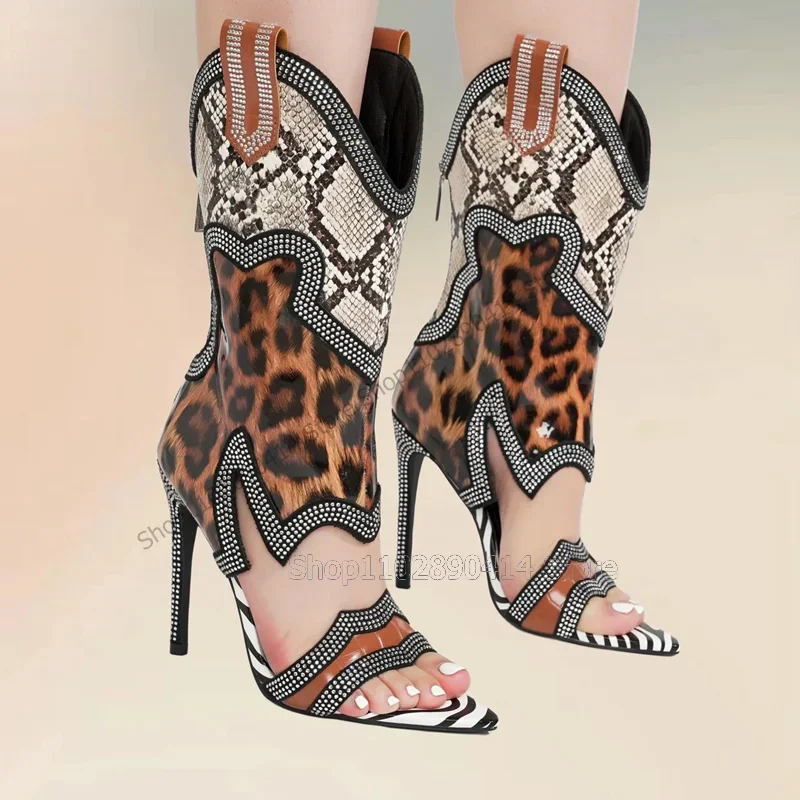 

Leopard Snakeskin Print Rhinestone Decor Sandals Boots Back Zipper Women Shoes Thin High Heels Open Toe 2023 Zapatos Para Mujere