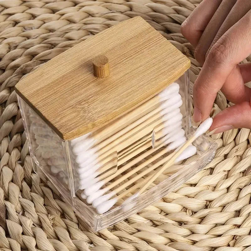 Acrylic Cotton Swab Organizer Bamboo Lid Portable Round Container Cosmetic Cotton Puff Storage Cotton Swab Holder