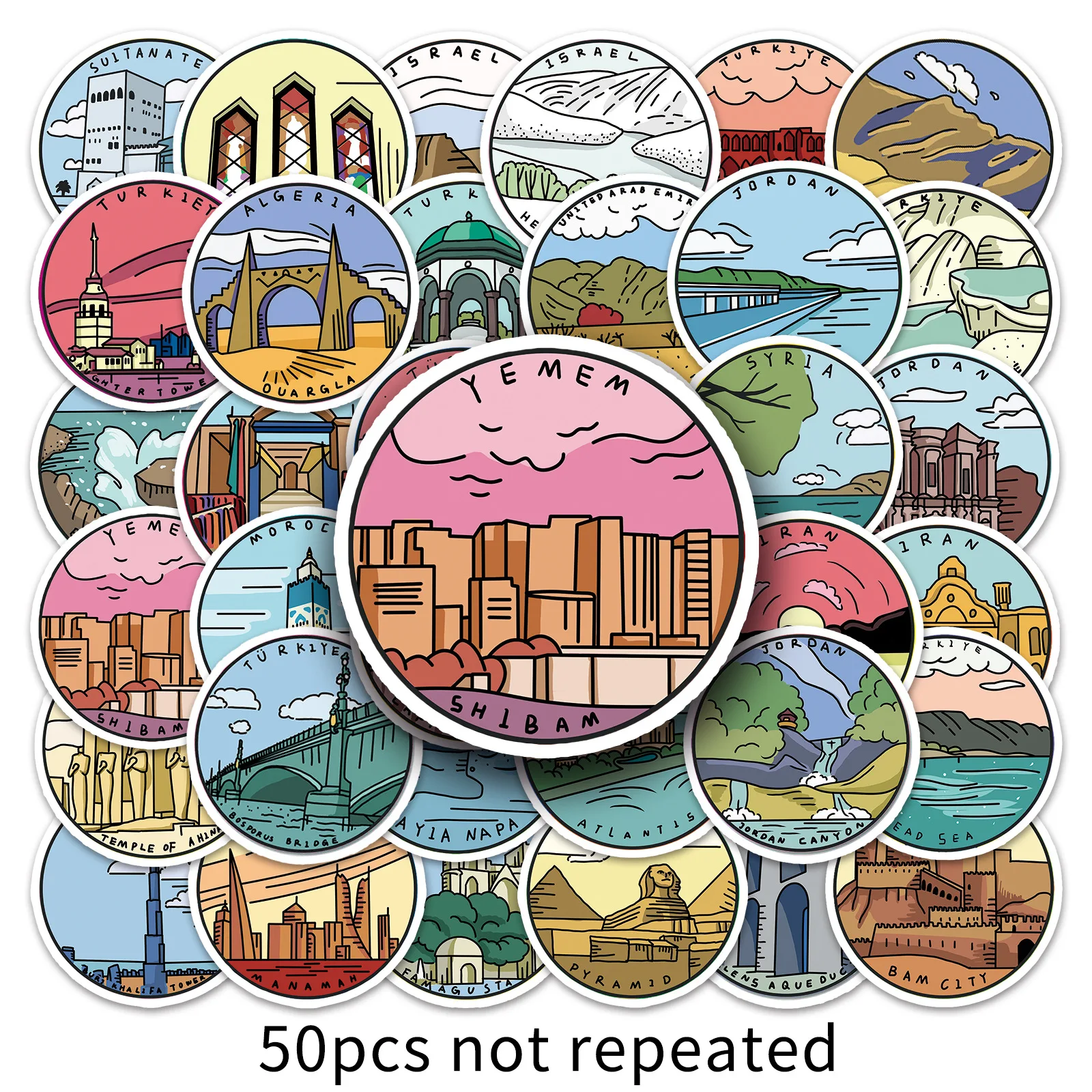 100 cartoon stickers for Middle Eastern scenic spots and historical sites,original outdoor travel graffiti, notebook, ledger, de