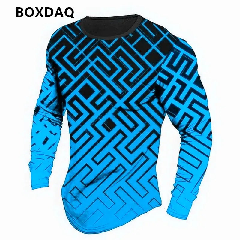 Vintage Geometric Pattern Men's T-Shirts Spring Autumn Long Sleeve 3d Print Street Casual Male Tops Tee Plus Size 6XL