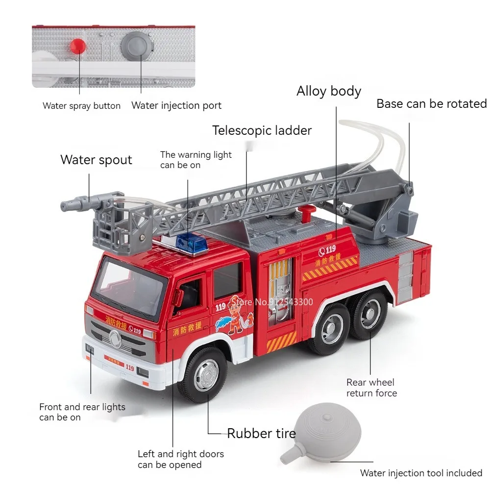 1/32 Scale Fire Truck Model Toy Alloy Body Rubber Tire Doors Opened Sound Light Water Gun Vehicle Models for Kid Holiday Present