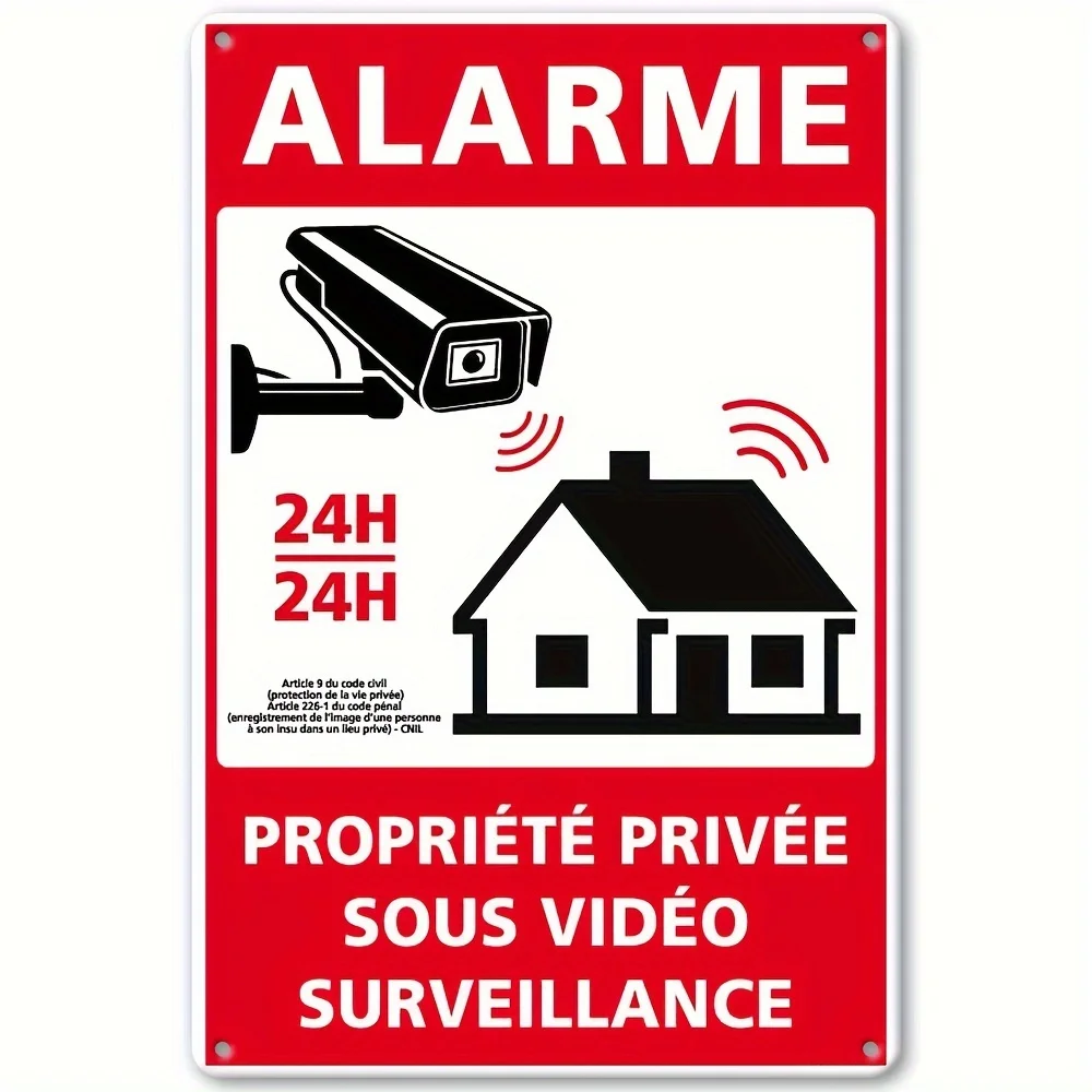 Sinal de segurança vintage de inspiração francesa - alerta de vigilância por vídeo 24 horas com aviso de propriedade privada, Burgla de metal de ferro resistente