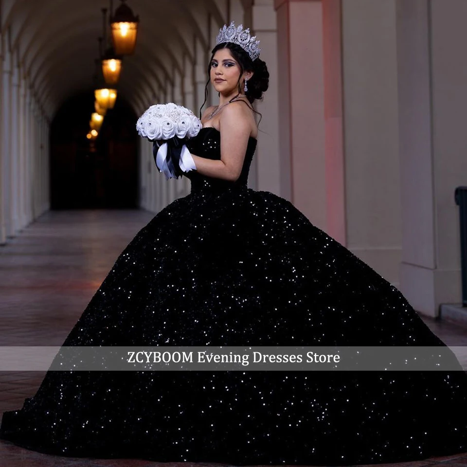 Luxury Sparkly Black Sequined Ball Gown Quinceanera Dresses 2023 Sweetheart Lace Up Back Party Prom Gowns Vestidos De 15 Años