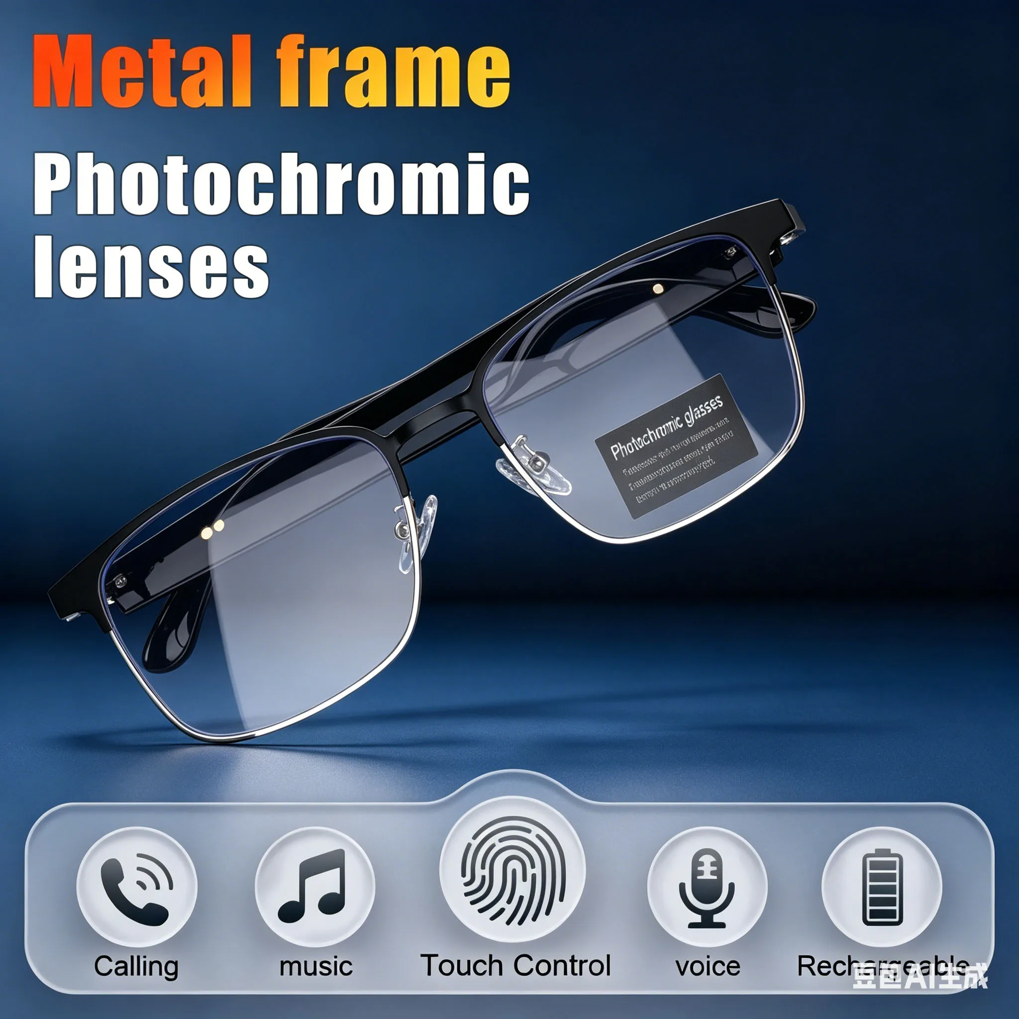 

Chic AI Smart Glasses Metal Frame Color-changing Lenses Multi-function Wireless Bluetooth Headset Call Dual Touch Men or Women