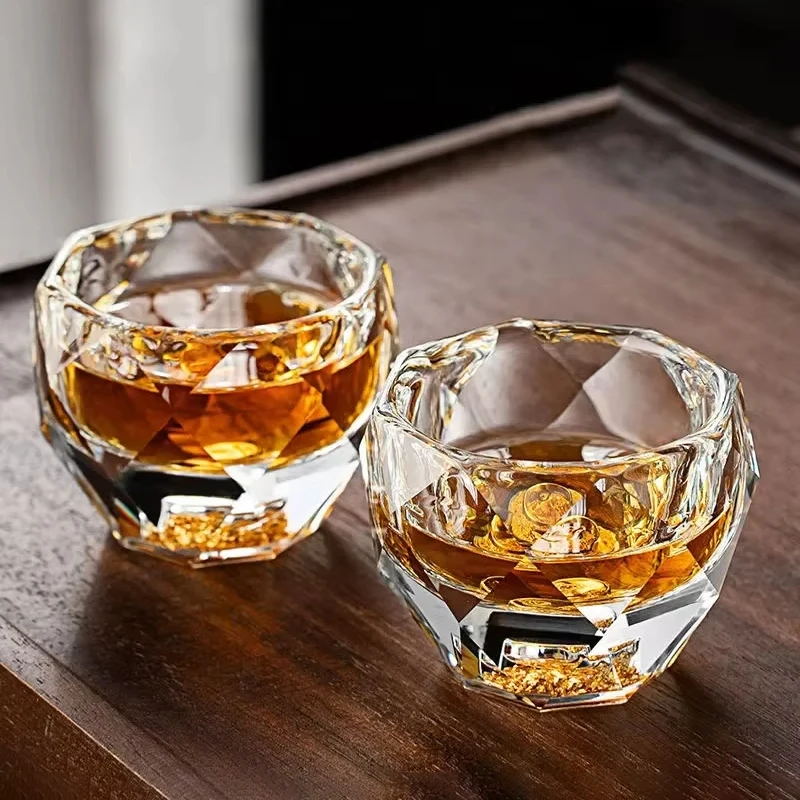 

New 50ml Diamond Cutting Crystal Liquor Glasses for Whiskey Black Tea Double Bottom Glass Sake Soju Brandy Tea Cup