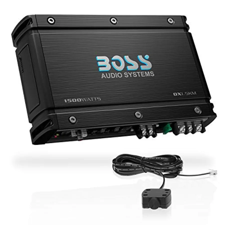 Car audio amplifier for subwoofer use, aluminum chassis, black finish, 1500W high output with 2-8 ohm stability and built-in lo