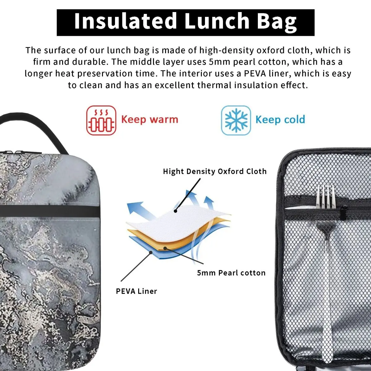 Grey And Silver Marbl Insulated Lunch Bag for Women Children Leakproof Food Boxes Thermal Lunch Box Tote