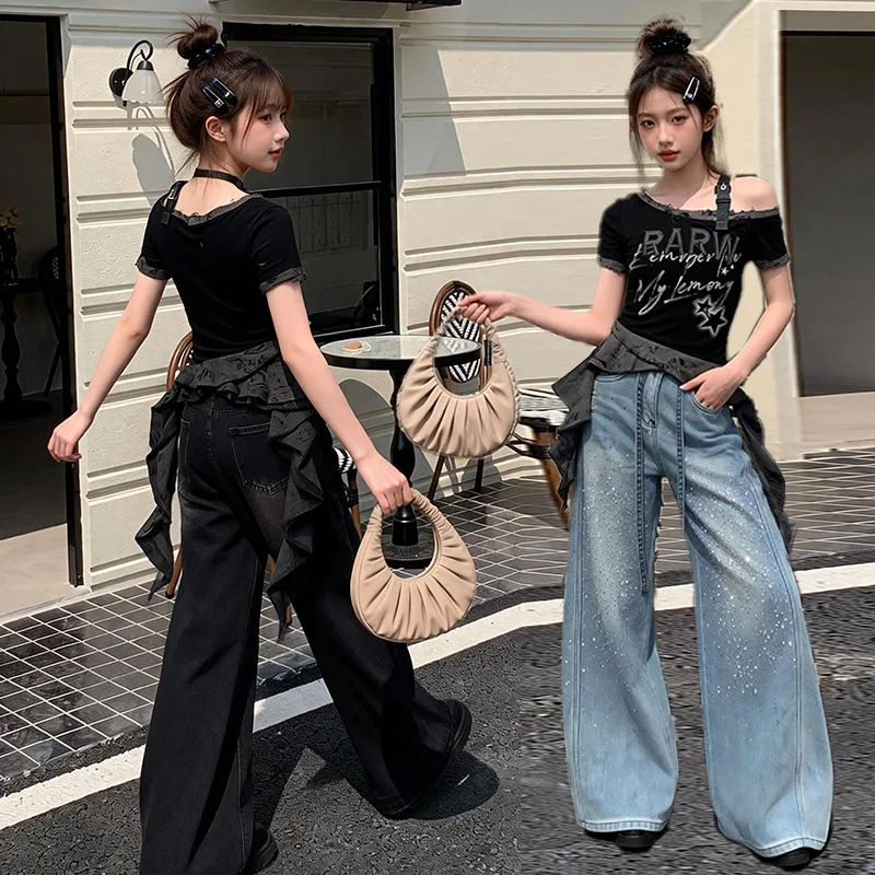 teen girls shining jeans ruffled edge ribbon hem top T-shirt wide-leg pants junior kid Jazz hip-hop street dance clothes outfits