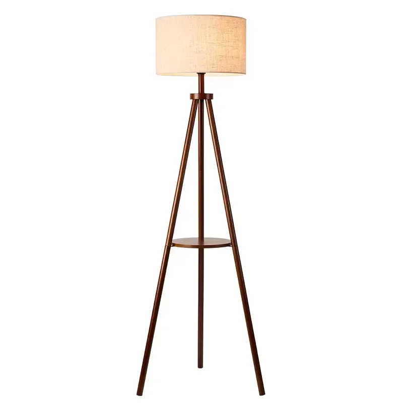Modern Retro American Solid Wood Floor Lamp LED Tripod with Elevated Shelf Dimmable Remote Control Long Lasting 50000 Hours