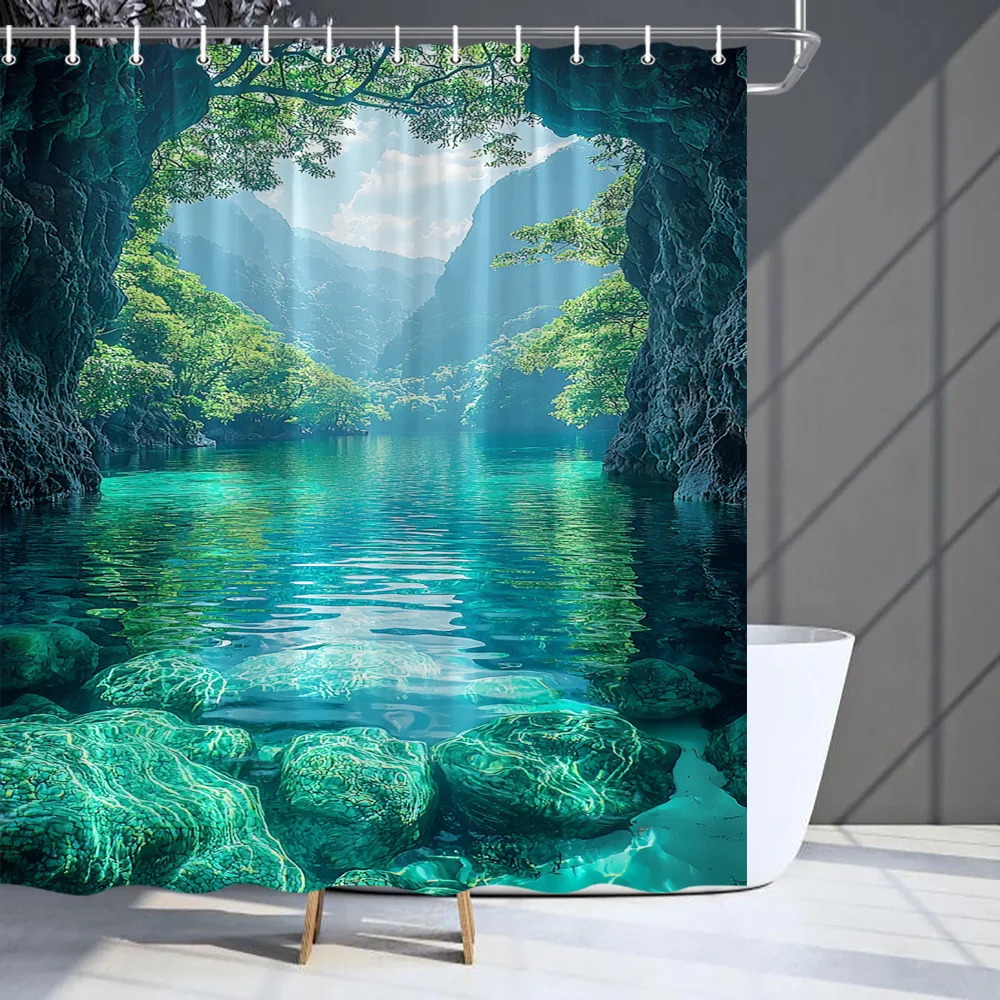 

Tranquil Turquoise River & Green Canyon Shower Curtain, Polyester, Serene Nature Scene, Machine Washable, 12 Hooks