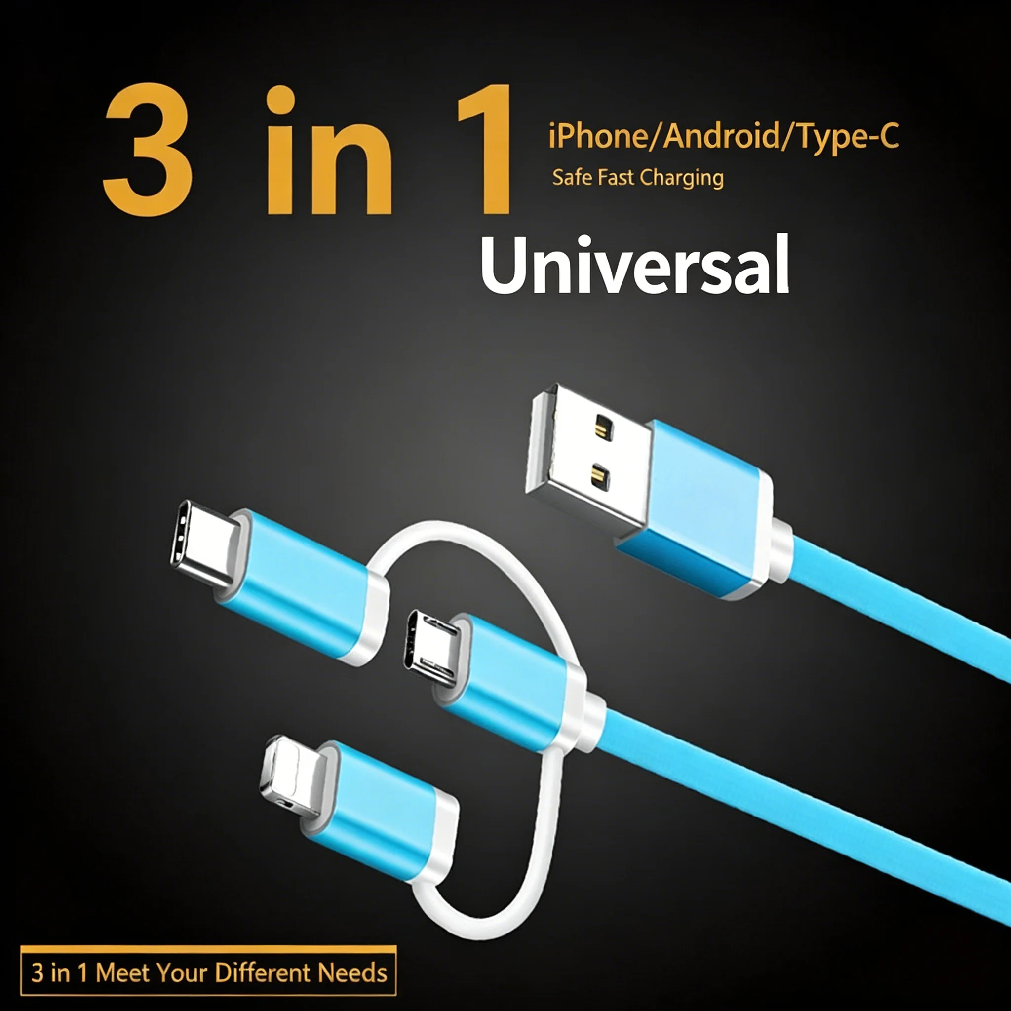 3-in-1 Fast Charging Cable for Xiaomi, Redmi, Poco, Samsung, iPhone,Tecno,Infinix, Itel, Huawei,Nokia, Sony,Umidigi,Google Pixel