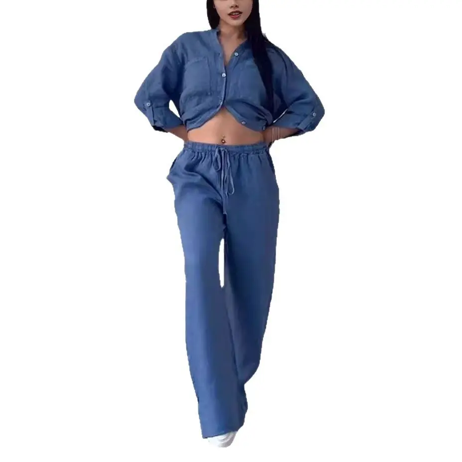 Cross-border Amazon Casual Cotton and Linen Solid Color Shirt Drawstring Wide-leg Pants Set Cw24754