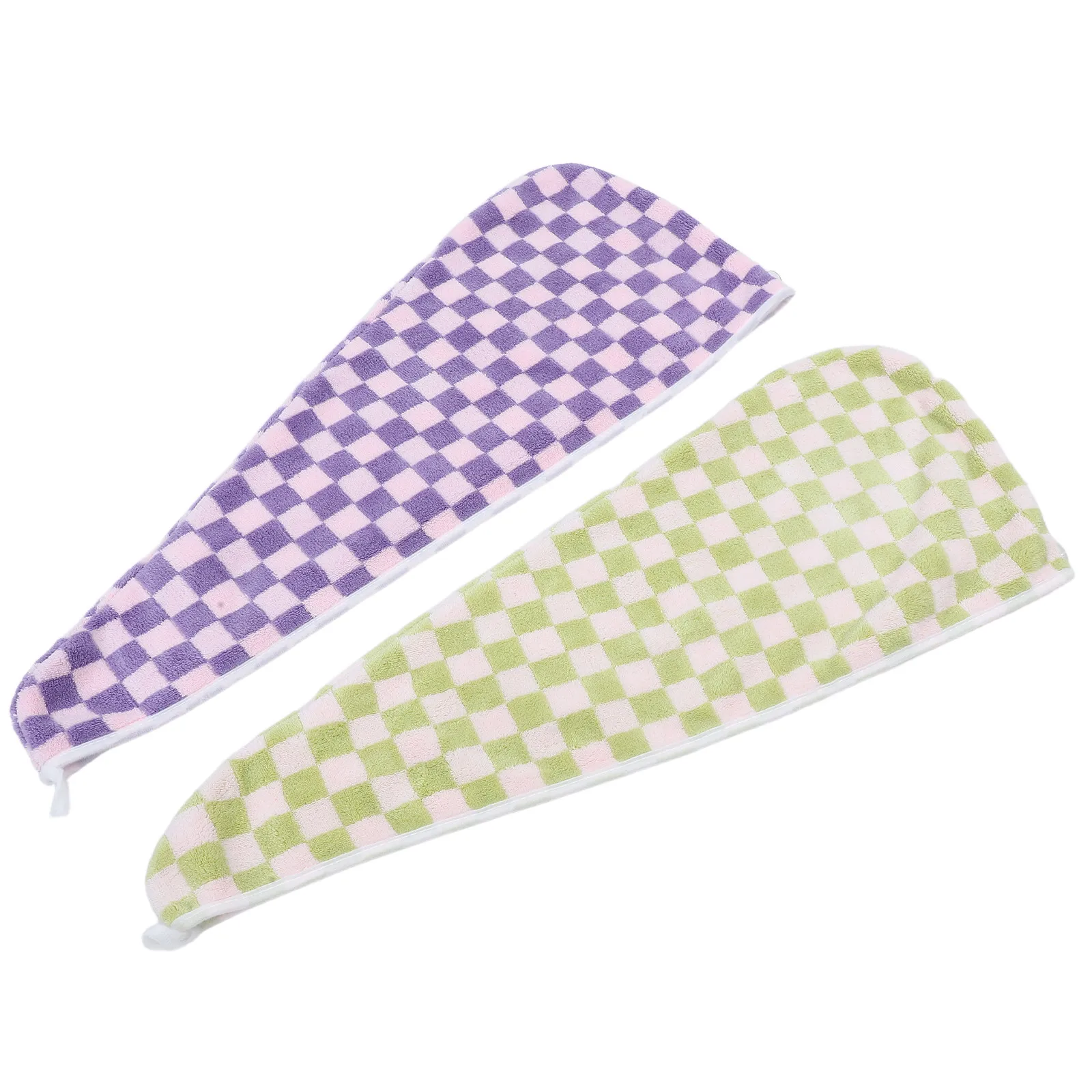 2Pcs Checkered Hair Turban Towel Coral Fleece Quick Drying Absorbent Head Wrap for Wet Hair Drying Comfortable Secure Fit