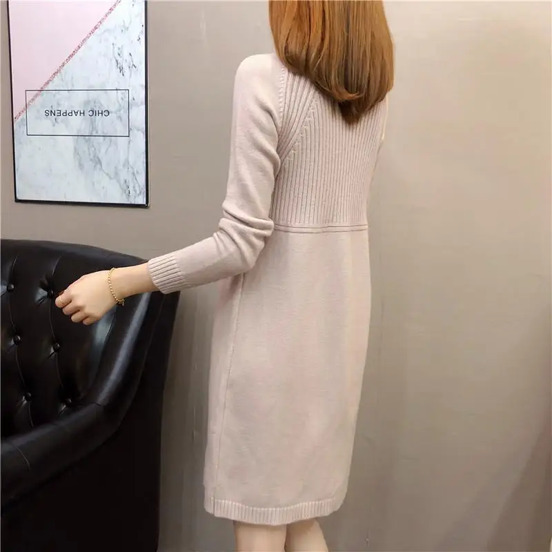 2023 Autumn and Winter Women\'s Pullover Half High Neck Sweater Solid Color Loose Mid Length Underlay Fashion Long Sleeve Dresses