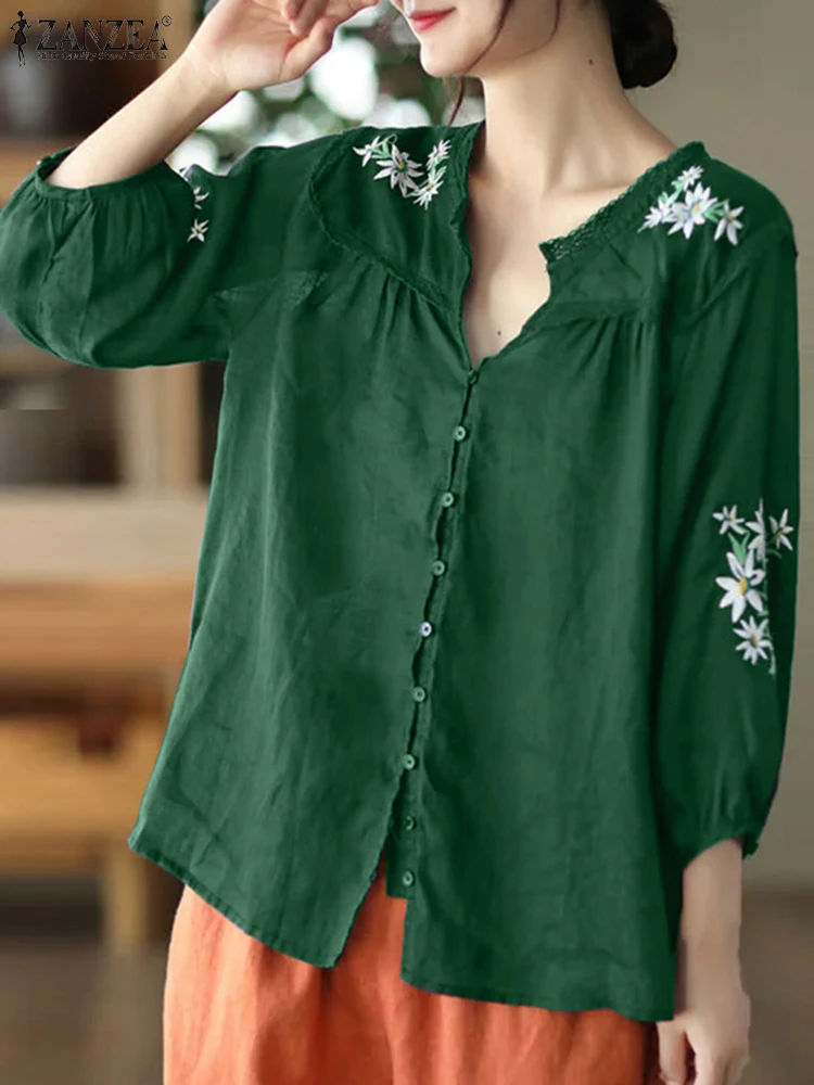 ZANZEA Camicie in cotone vintage Donna Ricamo Top Manica a 3/4 Lanterna Blusas 2025 Bottoni Scollo a V Casual OL Tuniche da lavoro Oversize