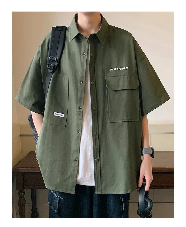 Korean Cargo Short Sleeve Shirts Men's Summer Fashion Thin Harajuku Casual Loose Shirt Coat Y2k Japan Streetwear Men Clothing