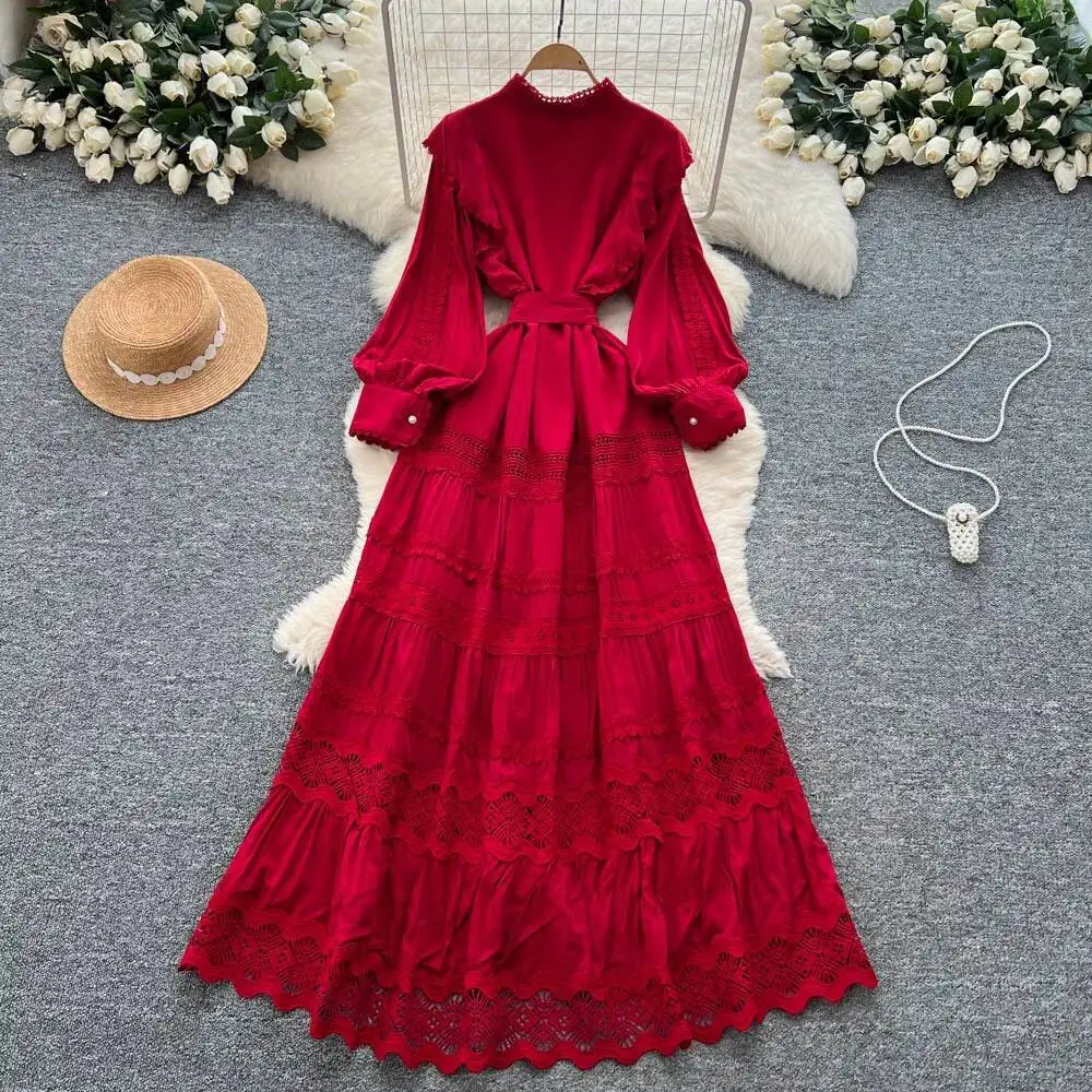 Chique vintage kant met enkele rij knopen, lange mouwen, geplooid, elegante fee, Koreaanse mode, Boho dameskleding, lange jurk