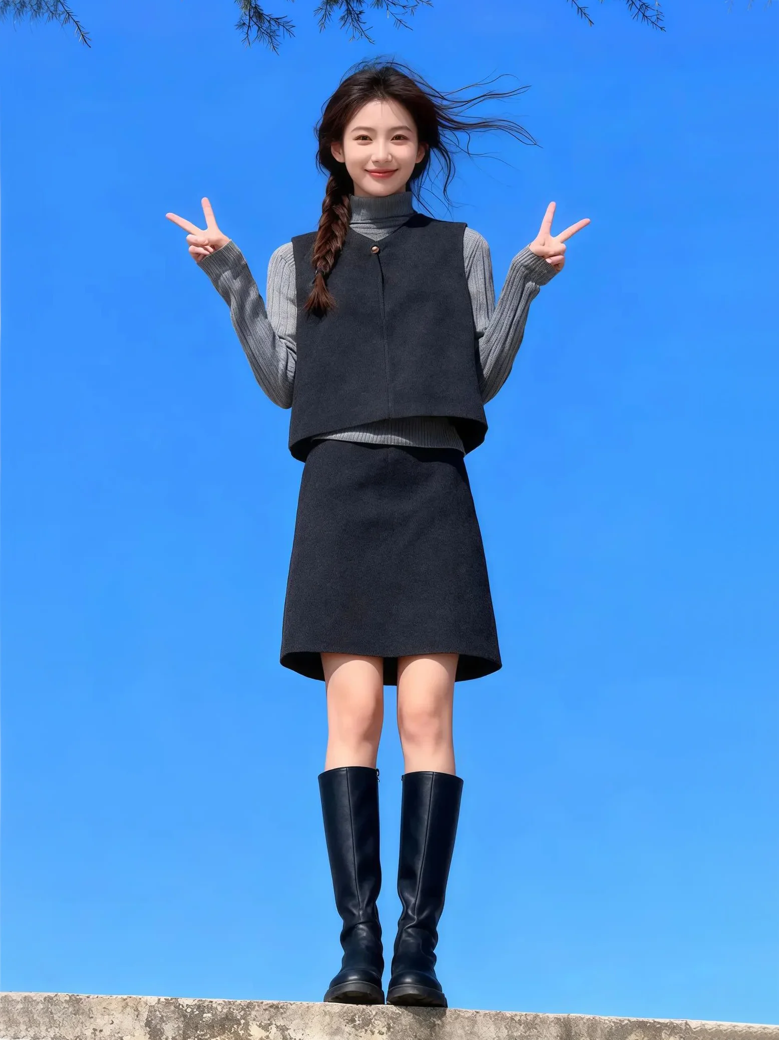 

Deep Grey Woolen Vest Sweater And Skirt Set Women's Chic Winter Outfit Three-Piece Suit Korean Style Fashionable And Warm