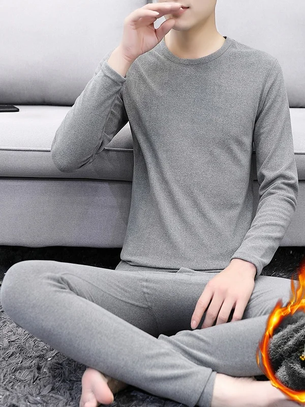 

Men's Thermal Underwear Set Fce Lined round Ne T-irt Warmth Base Layer Sl Inner Wear Youth Autumn Clothes