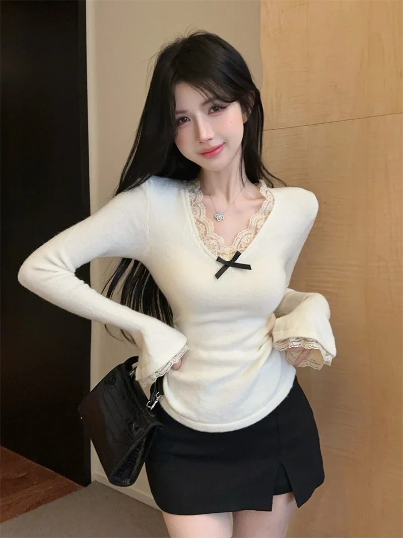 

Sexy Pure Desire Lace Knot V-neck Long Sleeve Knitted Top Women's Autumn Winter Slimming Base Shirt Korean Style Co...