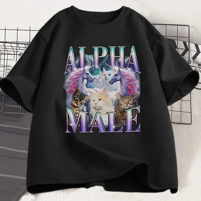 Alpha Unicorn Cat T-Shirt Women's Sarcastic 90s Retro Funny Rainbow Meme Weird Cat Casual Clothing Top Aesthetic Clothes