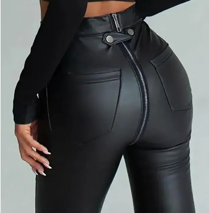 Winter Autumn Sexy Women PU Pants Black Fitness Slim High Waist Pencil Pants Zipper Streetwear Faux Leather Trousers for Women