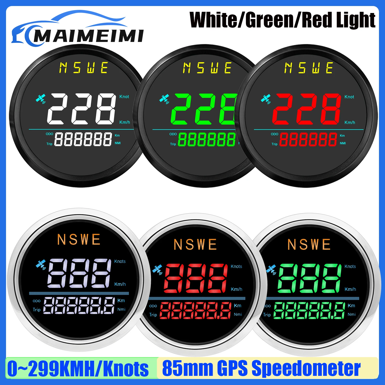 

Спидометр MAIMEIMI 85 мм с GPS и антенной, 0-299 км/ч, 0-299 узлов/ч, с функцией измерения пробега (Trip Mileage), зеленый, красный, белый LED-дисплей для автомобиля, лодки, яхты
