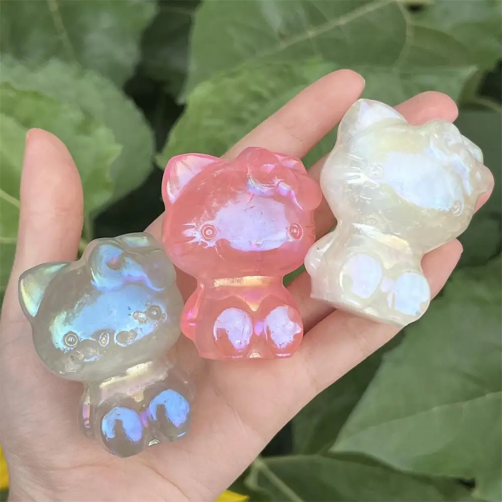 Figurine Sanrio Hello Kitty Aura Rose Quartz 5,6 cm, statue en pierre polie, pierre de guérison, chat de dessin animé, décoration de la maison, cadeau sculpté