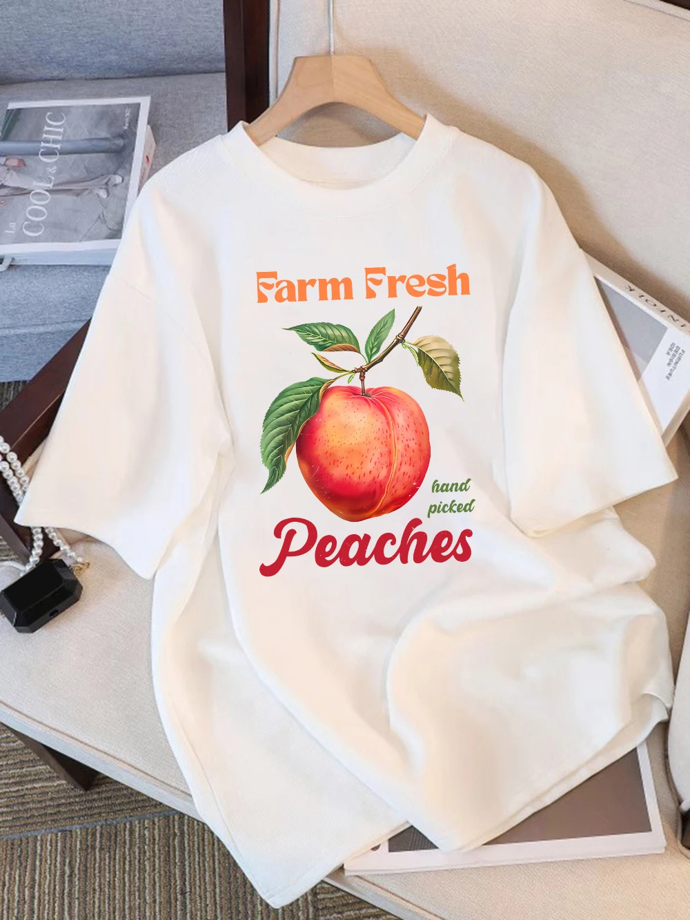 

Summer T-Shirts Women Cotton Farm Fresh Hand Picked Peaches Print Tops O-Neck Comfortable Loose T Shirt All-Match Woman Clothes